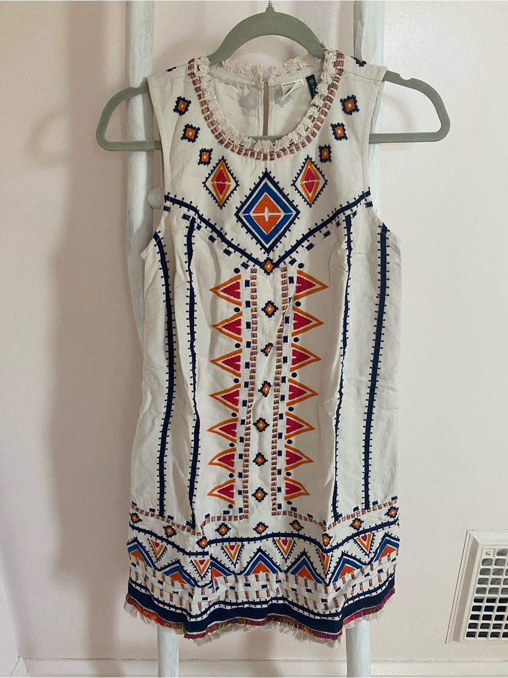 Anthropologie White Mini Dress with Navy & Orange Embroidery